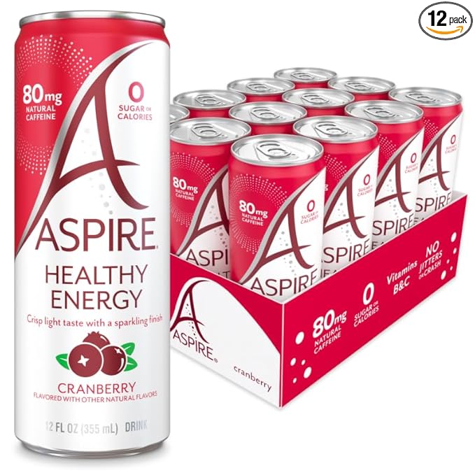 ASPIRE® Cranberry, Healthy Energy Drink 80mg Natural Caffeine, Zero Sugar No Carbs Keto Friendly, 12 Pack Green Tea Sugar Free Drink Low Caffeine Zero Calorie