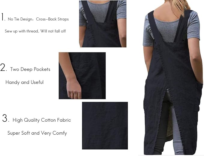 Women's Pinafore Square Apron Baking Cooking Gardening Works Cross Back Cotton/Linen Blend Dress with 2 Pockets