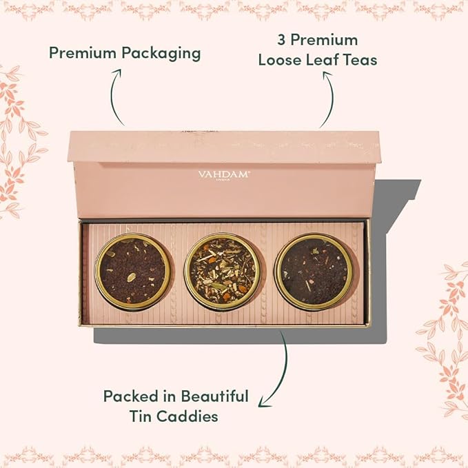 VAHDAM, BLUSH - Assorted Christmas Tea Gift Set for Women (3 Premium Teas) Tin Caddy Presentation Box | Loose Leaf Teas | Gluten Free & Non GMO | Gifts for Her