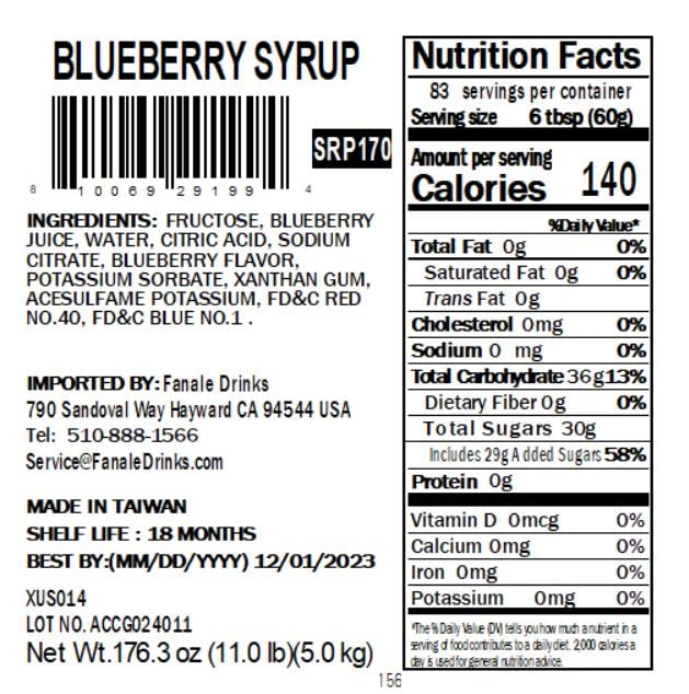 Fanale Premium Flavoring Concentrated Syrup for Bubble Tea 11 lb | Blueberry Flavor Syrup | for Boba Tea, Smoothies, Slushes, Desserts | 11lb | SRP170