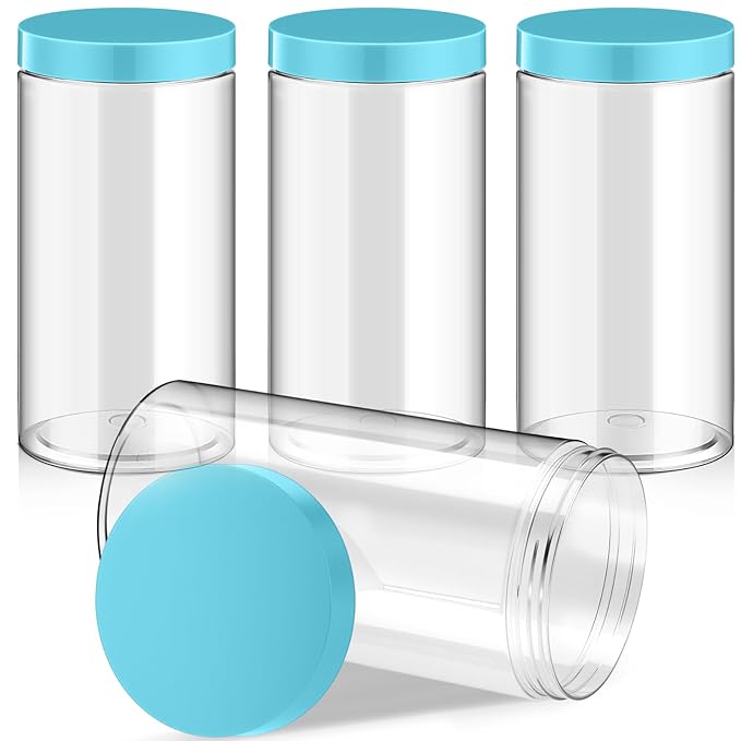 Patelai 4 Pieces Round Wide-mouth Leak Proof Plastic Container Jars with Lids for Travel Storage Makeup Beauty Products Face Creams Oils Salves Ointments DIY Making(32 Ounce,Blue)
