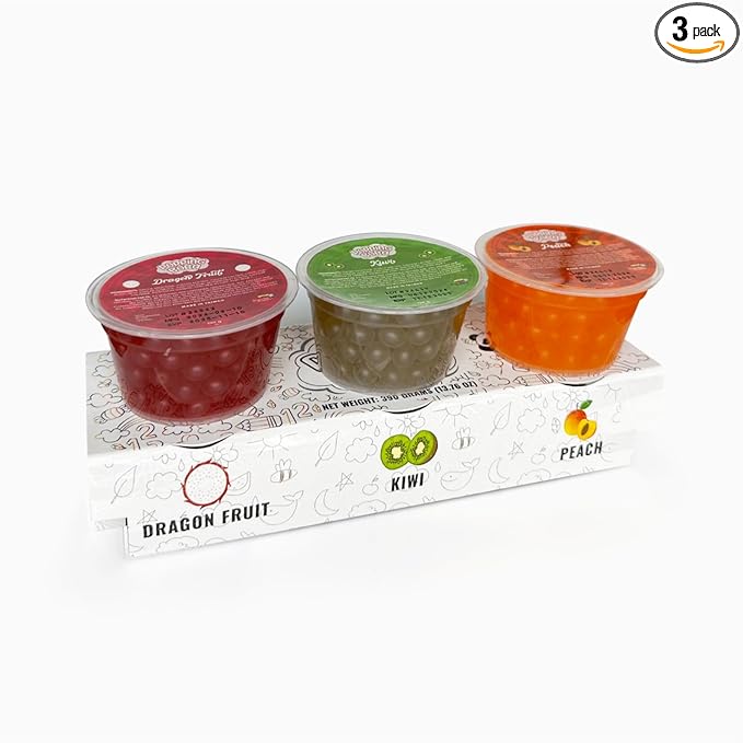 Popping Boba 3-Party flavors kit Dragon Fruit, Peach, Kiwi | Bursting Boba, Popping Pearls | 1 pack 390 Grams Panda Products (Dragon | Peach | Kiwi)