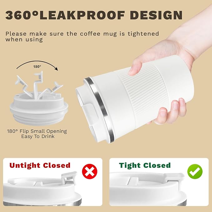 Vacuum-Insulated Stainless Steel Travel Coffee Mug, Leak-Proof Reusable Coffee Cup with Lid - Keep Hot & Cold Drinks for Hours, Durable Thermos Tumbler for Men & Women (3rd-White, 17OZ)