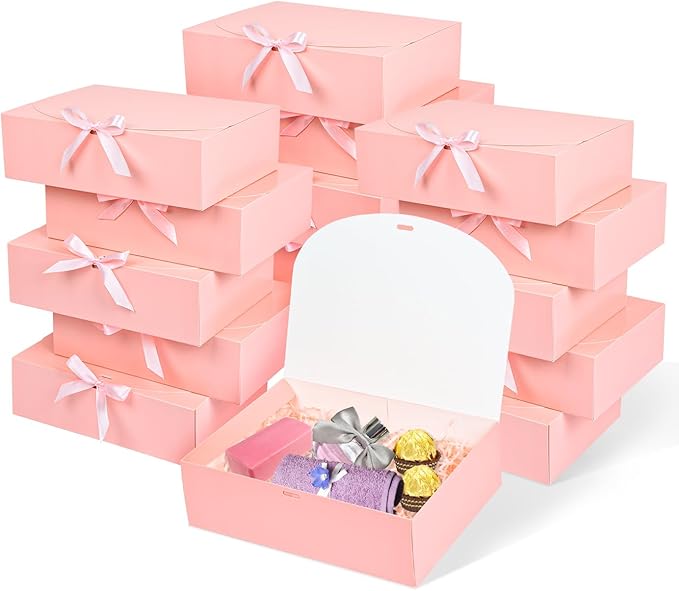 12Pack Pink Gift Boxes with Lids, 12×9.8×3.1 Inch Groomsmen Proposal Box, Luxury Pink Gift Box with Ribbon for Wedding, Birthday, Party, Christmas, Bridesmaid, Graduation Gift