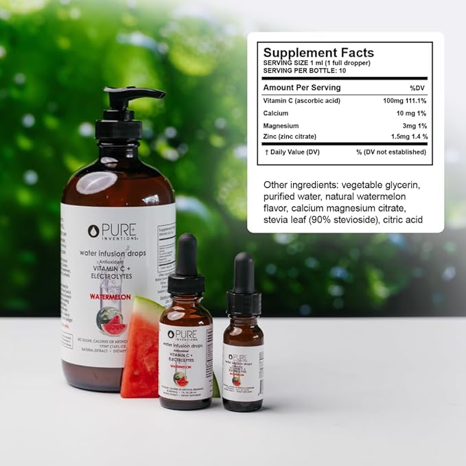 Pure Inventions - Watermelon Water Infusion Drops - Antioxidants, Vitamin C & Electrolytes - Health & Wellness Drink - Immunity Support -Sugar Free, Zero Calorie, No Artificial Sweeteners -12 Servings