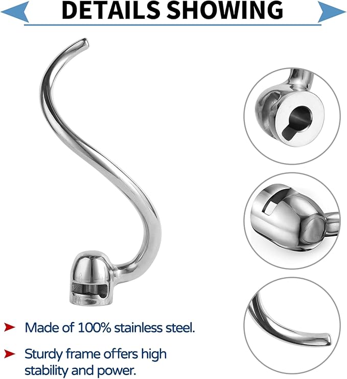 Stainless Steel Spiral Dough Hook Compatible with KitchenAid 5-6QT Mixer,Bowl Lift Stand Mixer Accessory, Dough Hook,Rust Resistant, Effectively Kneads Bread,Pizza,Pasta and Biscuits,Dishwasher Safe