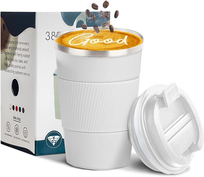 YINBAOGE Insulated Travel Coffee Mug Spill Proof Leak Proof Pobtable To Go Camping Stainless Steel Coffee Tumbler Reusable Coffee Cups with Lids Thermos for Hot and Cold Drink (White, 12 OZ)