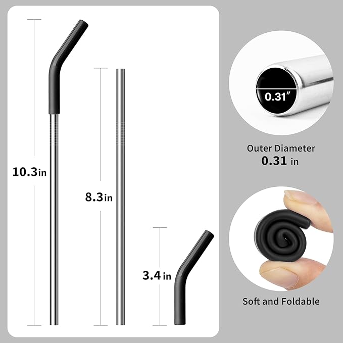 Metal Straws for 20 oz YETI, Stanley Cup, 5 Pcs Stainless Steel Straws with Silicone Tip for Simple Modern CIVAGO, ALBOR, BJPKPK 20 oz Tumbler, Cleaning Brush, 1 Portable Bag