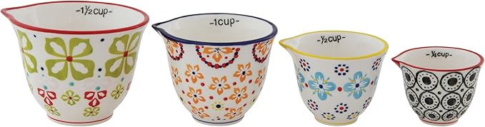 Creative Co-Op Floral Hand Stamped Stoneware Measuring Cups (Set of 4 Sizes/Designs)