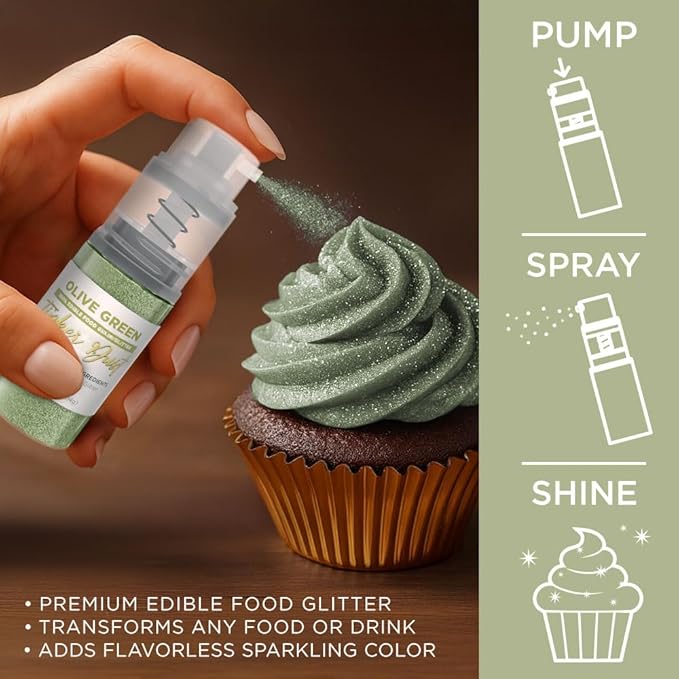 Bakell - Olive Green Tinker Dust (4g, 1x Mini Spray Pump) Edible Glitter for Food, Desserts, and Beverages!