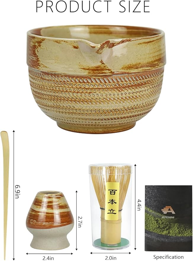 Matcha Tea Set – 4 Piece Traditional Japanese Matcha Kit with Beige & Brown Ceramic Spout Bowl, Whisk, Holder, Scoop & Guide – Authentic Tea Ceremony Set for Home Use