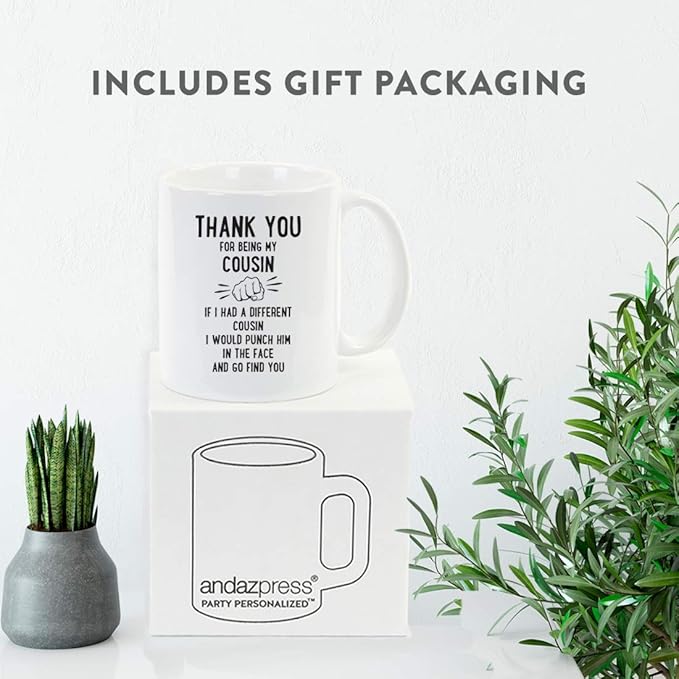 Andaz Press Funny Family 11oz. Coffee Mug Gift, Thank You for Being My Cousin, Punch in Face, 1-Pack, Christmas Birthday Drinking Cup Present Ideas