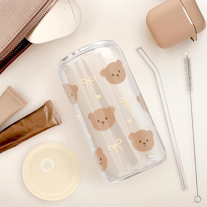 SANDJEST Bear Glass Can, Iced Coffee Aesthetic Cup, Gift for Christmas Birthday, Gifts for Women Girls, 16oz