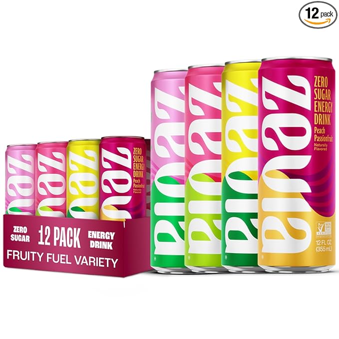 Zevia Zero Sugar Energy Drink, Fruity Fuel Variety Pack, 12 oz Cans (12-Pack) – Naturally Sweetened, Non-GMO Project Verified, Gluten-Free, Vegan
