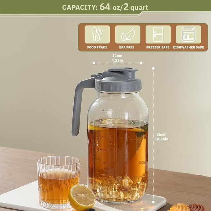 Glass Tea Pitcher with Wide Mouth Airtight Lid Leak Proof Fridge Container with Gray Lid Mason Jar for Water, Tea,Juice and Drinks (1 Pack-64OZ)