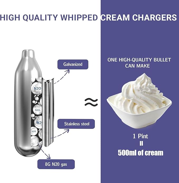 Whipped Cream Charger, Whip Cream Charger 8g Premium Stainless Steel Cartridges for Whipped Cream Dispenser-Pure and Flavor Neutral with Long Shelf Life