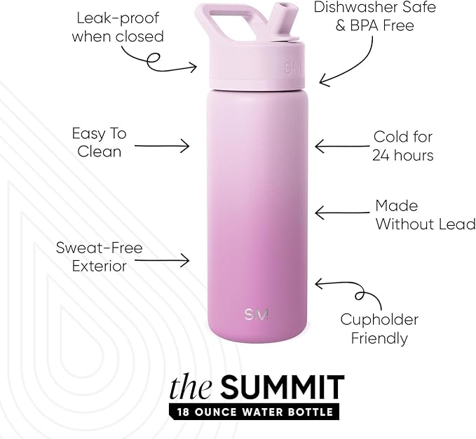 Simple Modern Kids Water Bottle with Straw Lid | Vacuum Insulated Stainless Steel Metal | Reusable Leak Proof BPA-Free Thermos for School | Summit Collection | 18oz, Violet Dreams