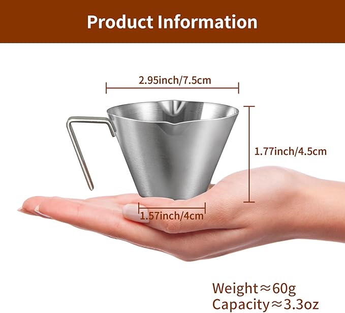 2 Pcs Espresso Cups with Handle, Stainless Steel Espresso Accessories, Double Spout Metal Measuring Cup with Dual Scale, Espresso Shot Cup with V-Shaped Mouth, 3.4OZ/100ML(Silver)