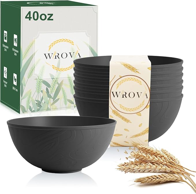 Black Cereal Bowls 40oz for Cereal Lover,Unbreakable Alternative Plastic Bowls Set of 6,Extra Thick Anti-Scald Bowl Sets suitable for Salad,Soup and Fruit.