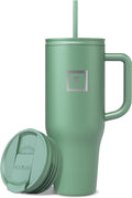 IRON °FLASK Co-Pilot Insulated Mug w/Straw & Flip Cap Lids - Cup Holder Bottle for Hot, Cold Drink - Leak-Proof- Water, Coffee Portable Travel Tumbler - Sage, 40 Oz