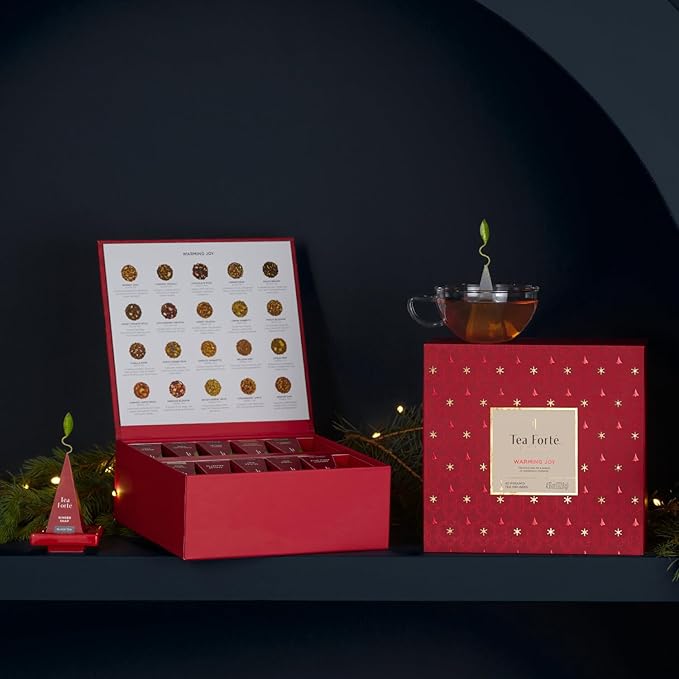 Tea Forte Warming Joy Holiday Assorted Premium Tea Chest Gift Sampler, 40 Count, 2 of each Variety Blend Individually Wrapped Handcrafted Pyramid Infuser Bags