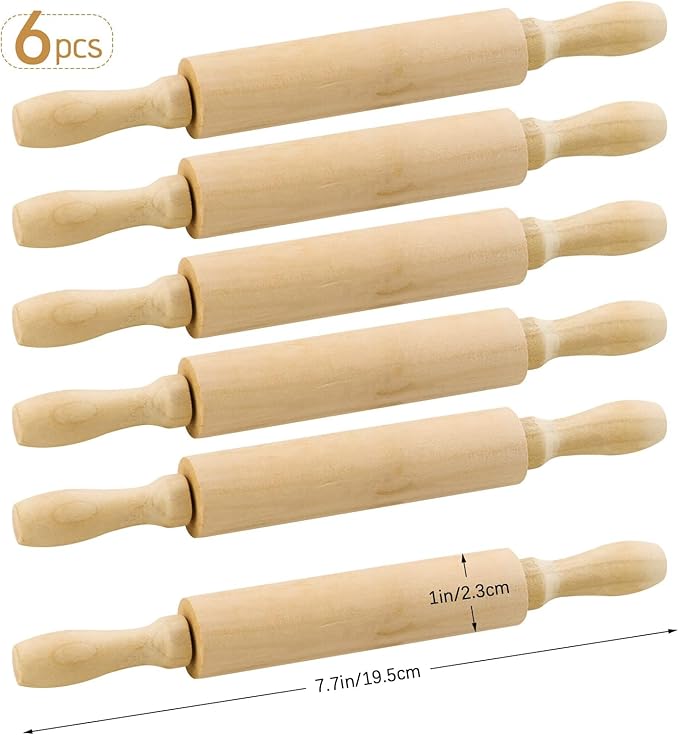 BILLIOTEAM 6 Pack 8 Inch Mini Wood Rolling Pin,Great for Children Kids Girls and Boys,Small Wooden Rollers for Art and Crafting,Baking,Cookie Dough,Cooking,Clay,Play Doh