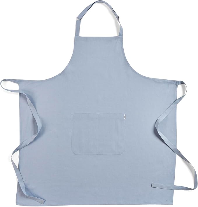 Solino Home 100% Pure Linen Apron for Women & Men - Dusty Blue Stripe Full Midi Bib Apron, Adjustable Neck Strap with Center Pockets for Kitchen, Chef - Handcrafted from European Flax