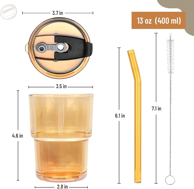 13 oz Glass Tumbler with Glass Straw and Lid, Leak-Proof Reusable Travel Cup for Iced Coffee, Tea, Matcha, Fruit Juice – Thick Wall Clear Water Bottle (Amber, 4 Pack)