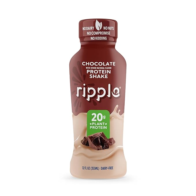 Ripple Vegan Protein Shake | Chocolate | 20g Nutritious Plant Based Pea Protein | Shelf Stable | No GMOs, Soy, Nut, Gluten, Lactose | 12 Oz, 12 Pack
