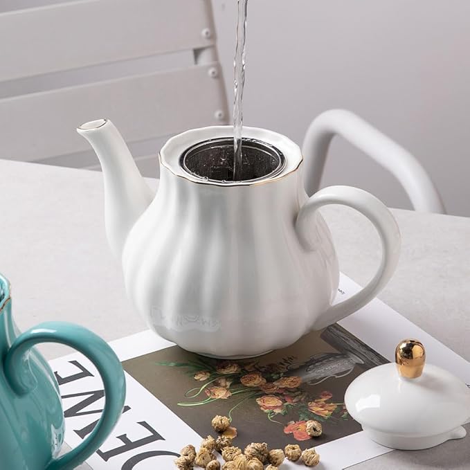 Sweejar Royal Teapot, Ceramic Tea Pot with Removable Stainless Steel Infuser, Blooming & Loose Leaf Teapot - 40 Ounce (White)