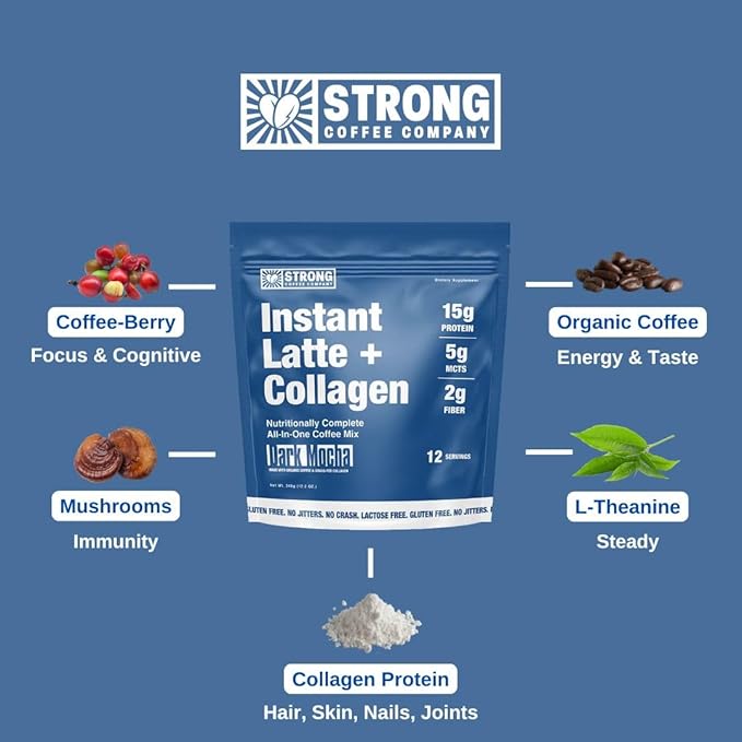 STRONG COFFEE COMPANY Instant Cacao Latte - 15g Protein, Instant Protein Coffee with Collagen, Adaptogens & Nootropics, No Crash, No Jitters, 12 Servings Bag