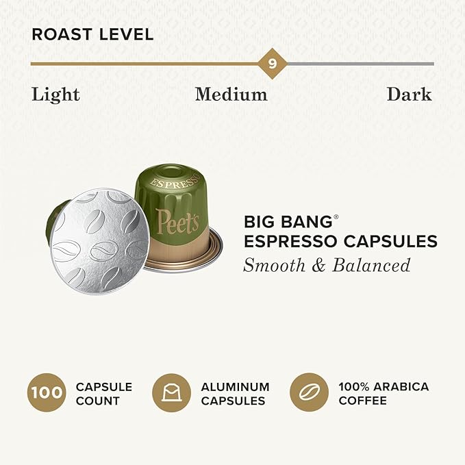Peet's Coffee, Medium Roast Espresso Capsules, Compatible with Nespresso Original Machines - Big Bang, Intensity 9, 100 Count (10 Boxes of 10 Espresso Capsules)
