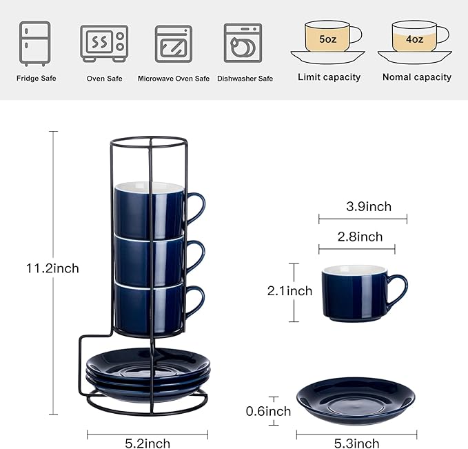 4oz Porcelain Stackable Espresso Cups with Saucers and Metal Stand Set of 4, Stackable Cappuccino Cups, Blue Expresso Shots Cup Set for Coffee Drinks, Latte, Americano, Tea