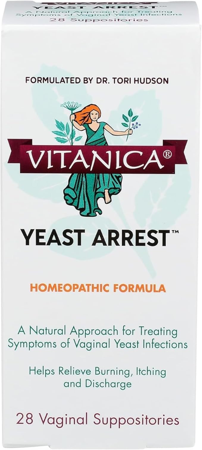 Vitanica Yeast Arrest, Homeopathic Vaginal Suppositories, for Yeast Infection Symptoms, Relieves Burning, Itching & Discharge, with Boric Acid, Tea Tree Oil & Probiotics, Vegan (Yeast Arrest, 28)