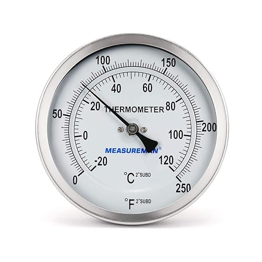MEASUREMAN Fully Stainless Steel Pot, Kettle, Brewing Bimetal Dial Thermometer, 3" Dial, 6" Stem, 0-250 deg F/-20-120 deg C, -1% Accuracy, Adjustable, 1/2" NPT Back Mount