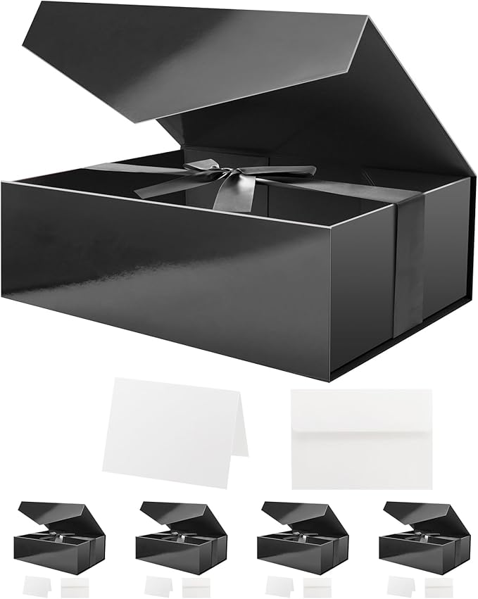 HAPPY POTATO 5 Large Gift Boxes with Ribbon 11.5x8.1x3.8 Inches, Black Boxes with Lids, Groomsmen Proposal Boxes, Magnetic Gift Boxes for Presents (Glossy Black, Pack of 5)
