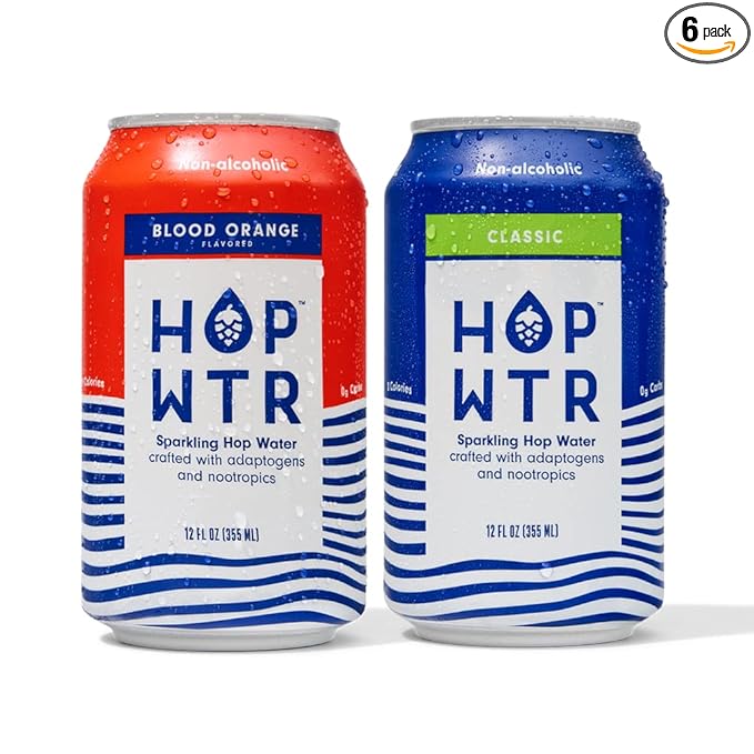 HOP WTR Sparkling Hop Water Classic 6 Pack, Blood Orange 6 Pack, Sugar Free Low Carb Non Alcoholic Drinks, NA Beer, Adaptogen Drink, No Calories, Adaptogens & Nootropics for Added Benefits, 12 oz Cans