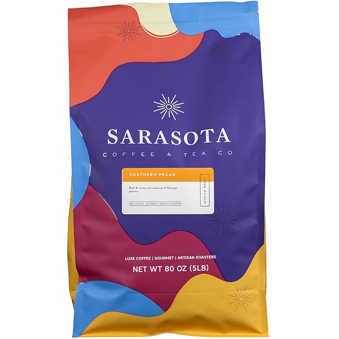 Sarasota Coffee Ground Southern Texas Butter Pecan | Medium Roast Gourmet Flavored Coffee Grounds | Low Acid, Mold Free, Specialty Grade Flavored Bulk Ground Coffee | 5lb (80 oz)