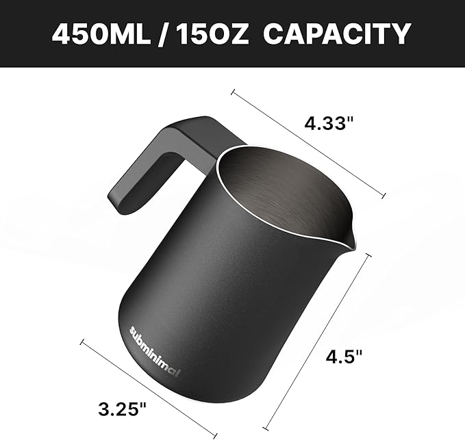 Subminimal FlowTip Milk Jug | Stovetop Milk Frothing, Foaming Pitcher for Premium Barista-Style Coffee at Home | Cappuccino & Latte Art Pouring Jug with Ergonomic Heat Resistant Handle | 450ml, Black