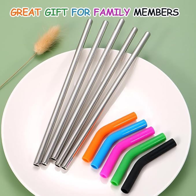 Lazycorner Reusable Stainless Steel Straws Metal Straw with Silicone Tip 5 Pcs 8mm Wide for 20/30/32oz Tumblers Smoothies and Shakes with 2 Cleaning Brushes,1 Portable Bag (Silver)
