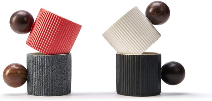 Ceramic Mini Espresso Cups Demitasse Cups with Round Wooden Handle Vertical Stripes Tea Cups (white, 4pcs)