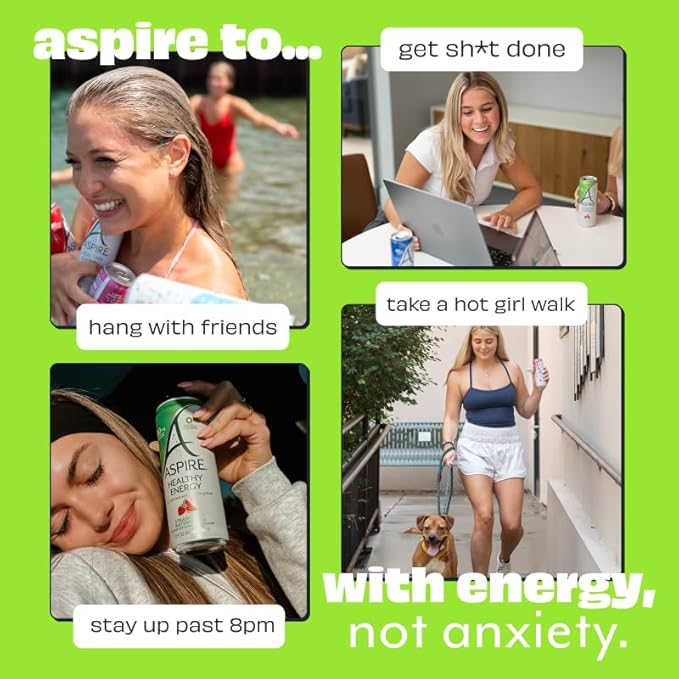 ASPIRE® Strawberry Watermelon, Healthy Energy Drink 80mg Natural Caffeine, Zero Sugar No Carbs Keto Friendly, 12 Pack Green Tea Sugar Free Drink Low Caffeine Zero Calorie