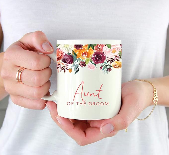 Andaz Press 11oz. Wedding Ceramic Coffee Tea Mug Gift, Fall Autumn Burgundy Orange Peach Flowers Roses Florals, Aunt of the Groom, 1-Pack, Includes Gift Box