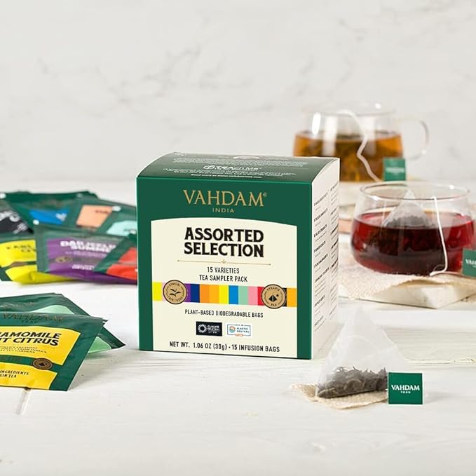 VAHDAM, Assorted Tea Sampler (15 Different Variety in Individually Wrapped Pyramid Tea Bags) Long Leaf Premium Teas I Teas Gift Set I Ideas for Tea Lovers | Gifts for Women & Men