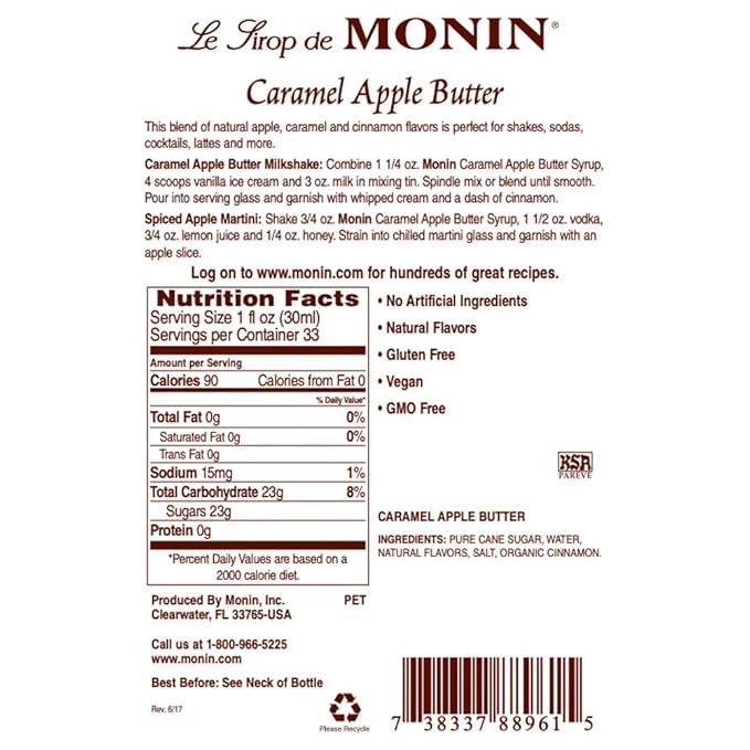 Monin - Caramel Apple Butter Syrup, Buttery Caramel and Cooked Apple Flavor, Natural Flavors, Great for Hot Lattes, Ciders, and Seasonal Cocktails, Non-GMO, Gluten-Free (1 Liter)
