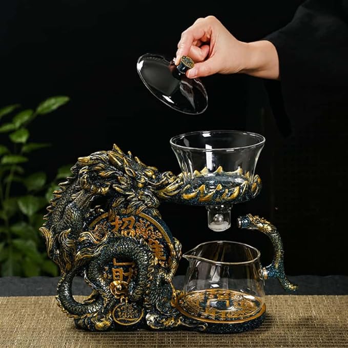 Glass Teapot Set with Infuser Semi Automatic Dragon Tea Set with 6 Small Cups (golden dragon-b)