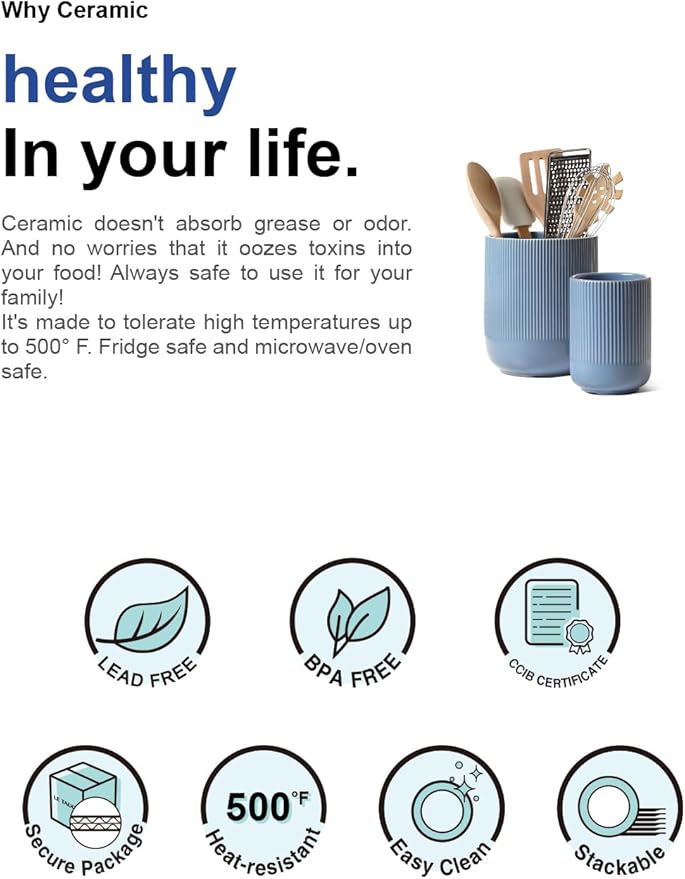 LE TAUCI Utensil Holder, 7.3"+5.4" Ceramic Kitchen Utensil Holder for Countertop, Large Cooking Utensil Crocks for Kitchen Counter, Morden Utensil Organizer for Spatula, Set of 2, Dusty Blue