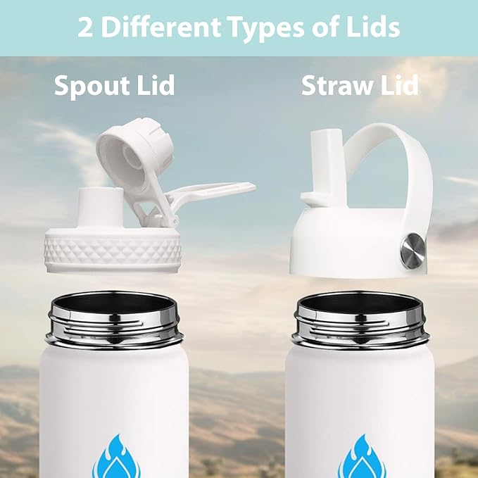 SENDESTAR Water Bottle 32oz Double Wall Vacuum Insulated Leak Proof Stainless Steel Sports Water Bottle—Wide Mouth with New Flex Straw Lid & Spout Lid (White&Red)