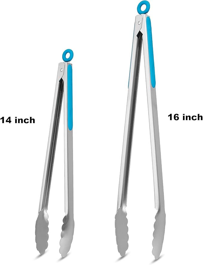 304 Stainless Steel Kitchen Cooking Tongs, 14" and 16" Set of 2 Sturdy Grilling Barbeque Brushed Locking Food Tongs with Ergonomic Grip, Blue