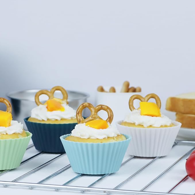 Silicone Baking Muffin Cups 12 Pack, Reusable Cupcake Liners Cake Molds, BPA Free, Dishwasher Safe(White, Green, Navy, Dusty Blue)